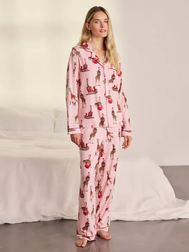 Chelsea Peers Festive Giraffes Button Up Long Pyjama Set, Pink from John Lewis
