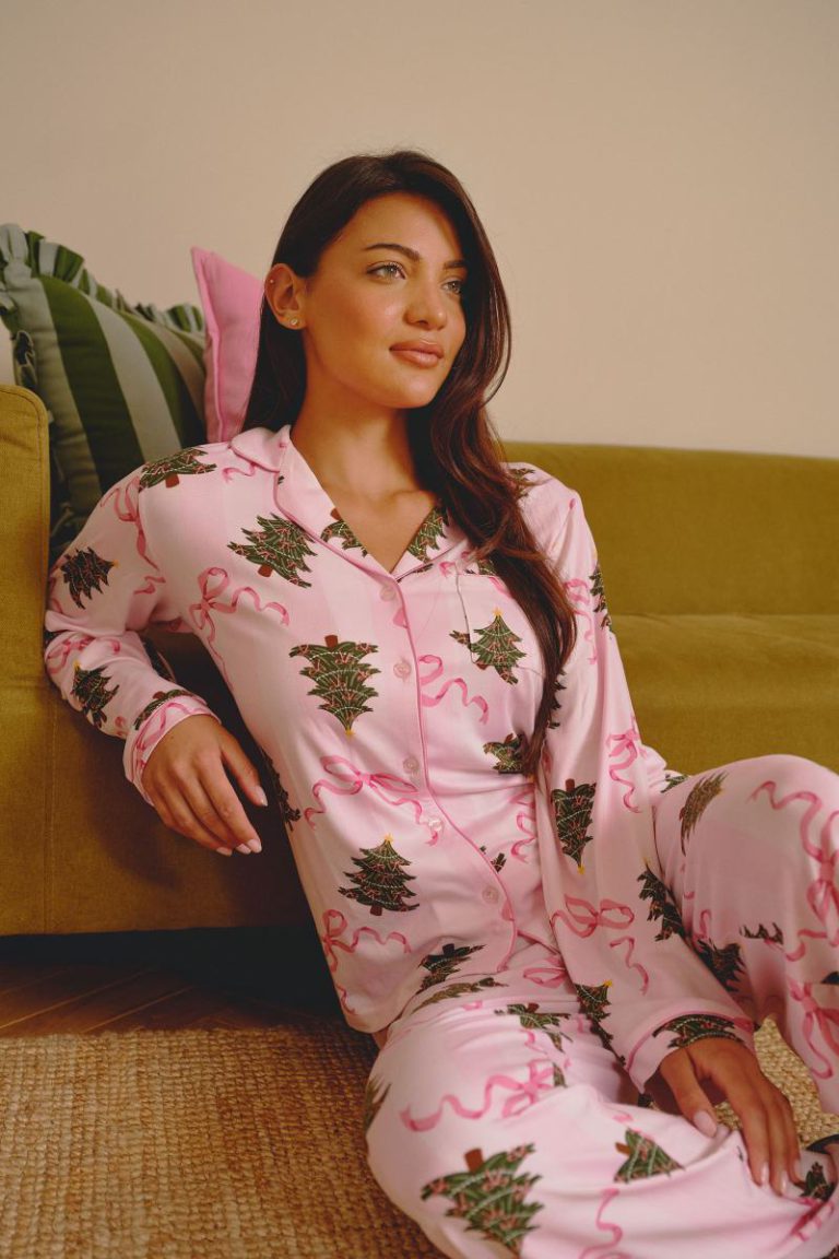 Christmas Tree Stripe LS Button Down Traditional Pyjama Set from Boohoo