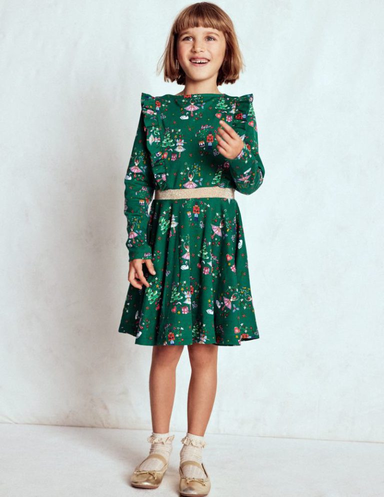 Cora Twirly Jersey Dress in Jewel Green Nutcracker Christmas jumper from Boden