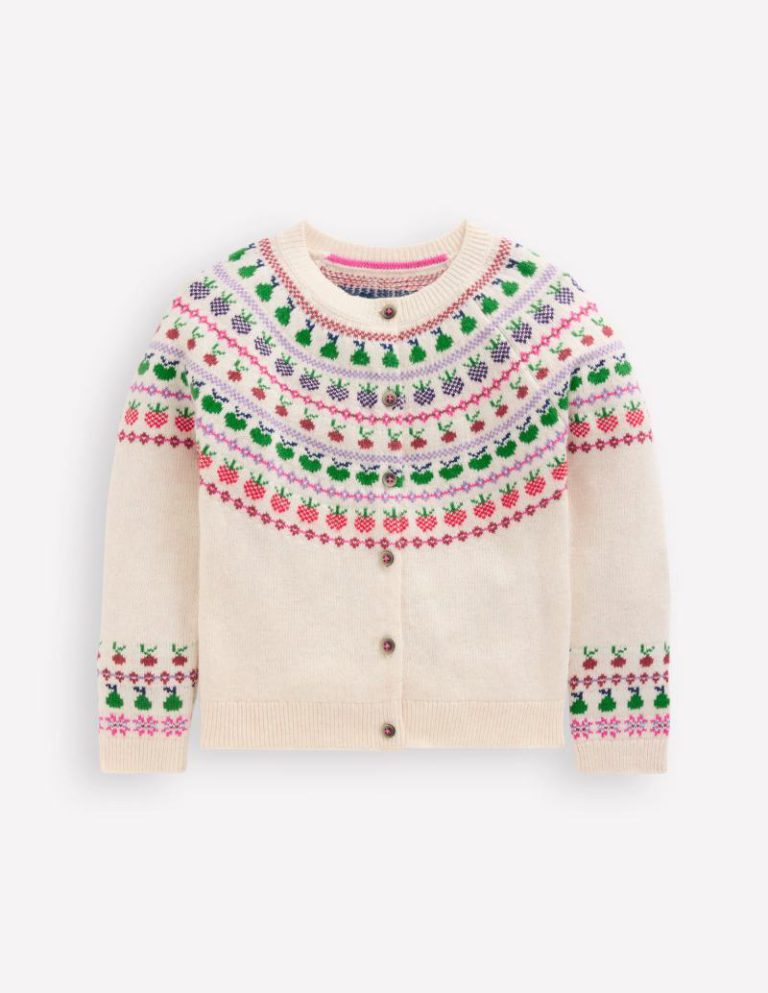 Edie Fair Isle Logo Cardigan in Ecru Marl Fruit Christmas jumper from Boden