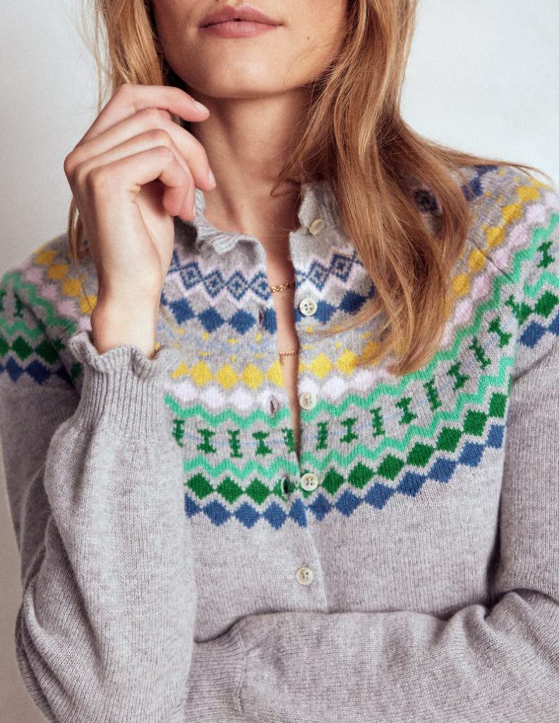 Fae Fair Isle Frilled Cardigan in Grey Melange Christmas jumper from Boden