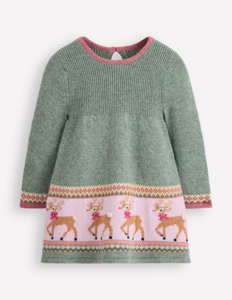 Fair Isle Knitted Dress in Eucalyptus Reindeer Fair Isle Christmas jumper from Boden