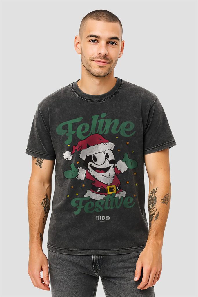 Felix Feline Festive Xmas T Shirt, Vintage Wash Black from Debenhams