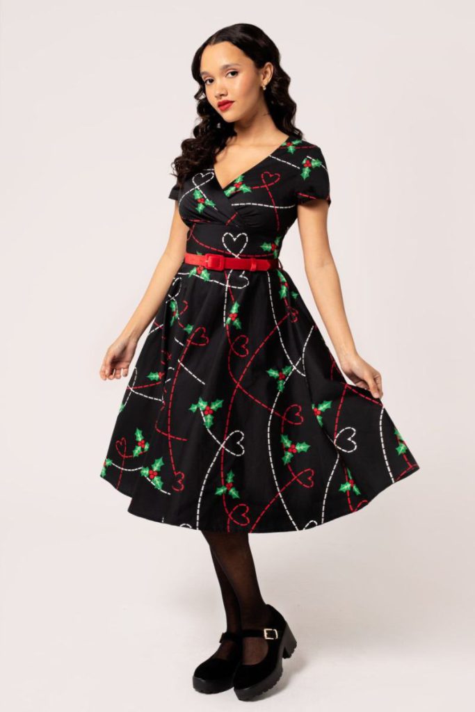 Festive Heart & Holly 50s Style Black Cotton Dress with Belt from Debenhams