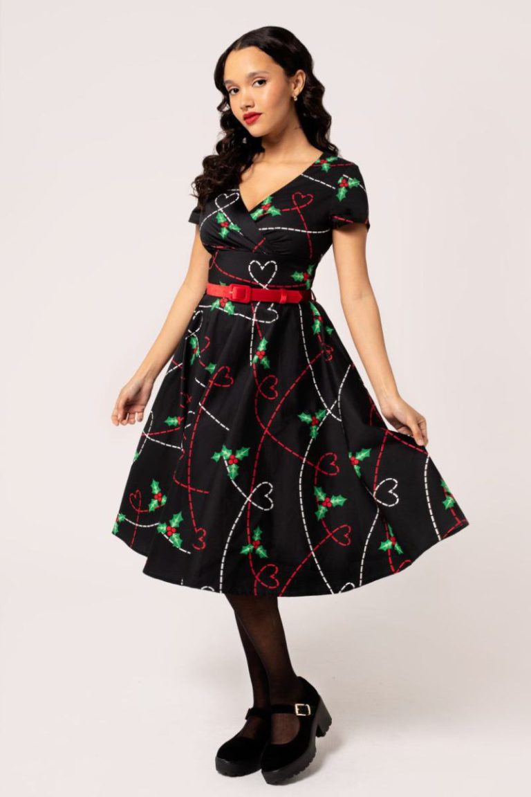 Festive Heart & Holly 50s Style Black Cotton Dress with Belt from Debenhams