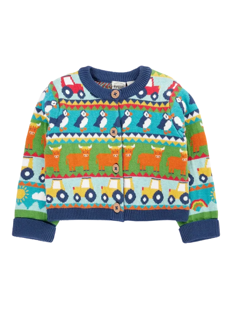 Frugi Baby Robyn Fair Isle Cardigan, Blue/Multi Christmas jumper from John Lewis