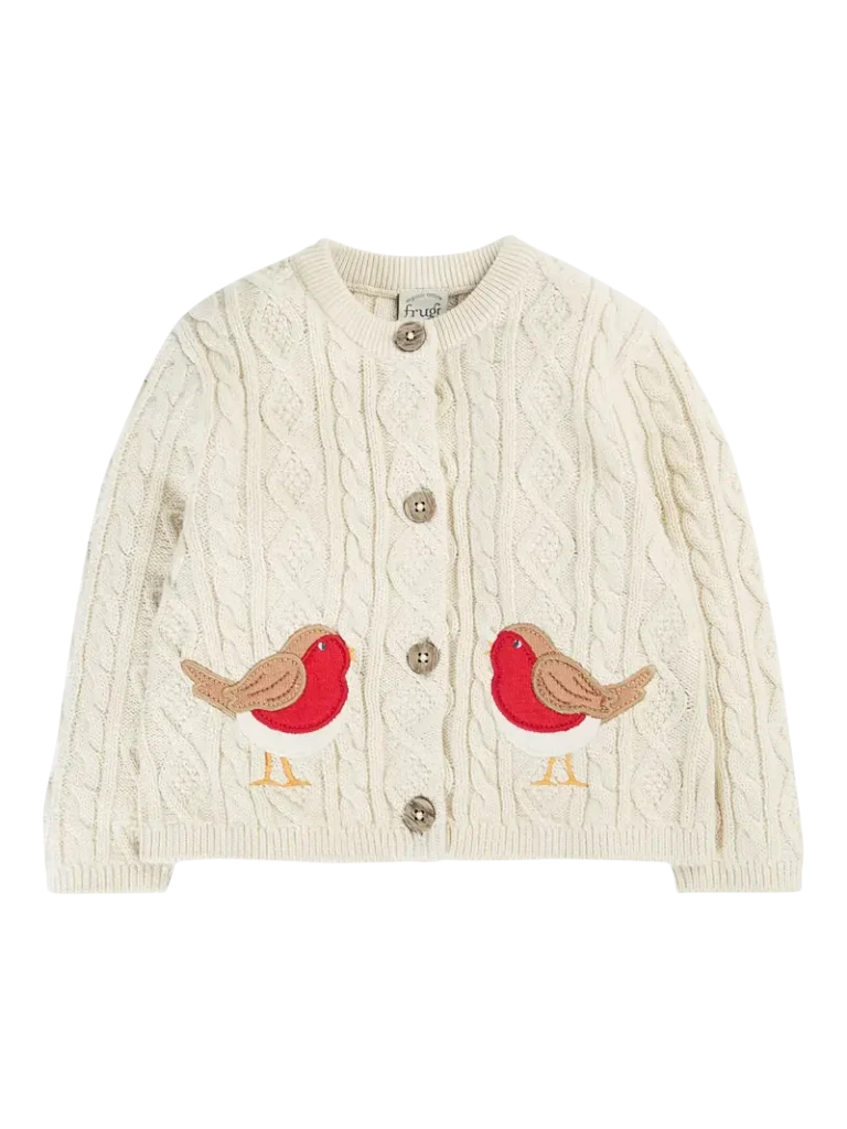 Frugi Kids' Lark Cable Knit Applique Cardigan, Natural/Robin Christmas jumper from John Lewis