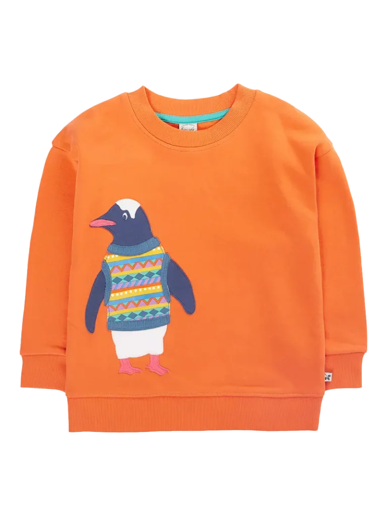 Frugi Kids' Superb Applique Sweatshirt, Salamander/Penguin Christmas jumper from John Lewis