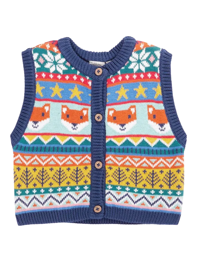Frugi Kids' Wenn Knitted Sleeveless Waistcoat, Fox Fair Isle Christmas jumper from John Lewis