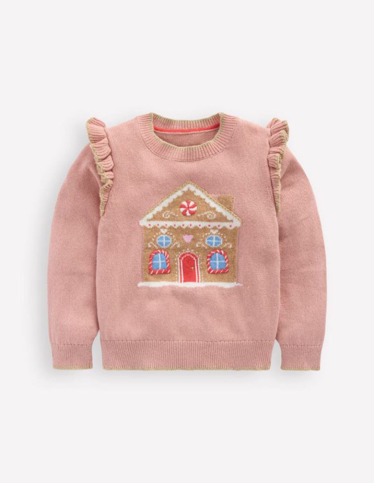 Fun Frill Logo Jumper in Vintage Pink Gingerbread House Christmas jumper from Boden