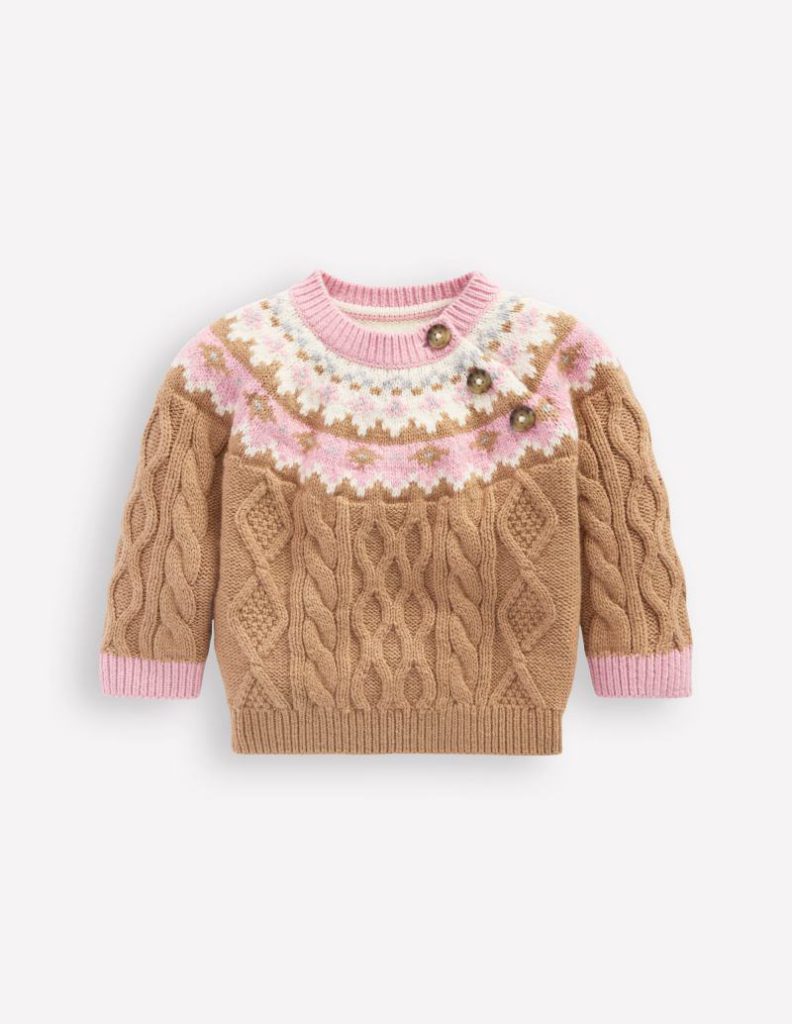 Girls Fair Isle Cable Jumper in Camel Melange Fair Isle Christmas jumper from Boden