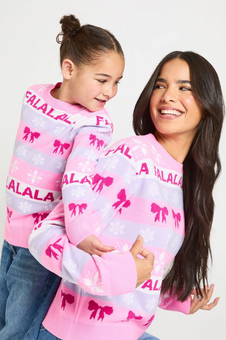Girls Matching Fa La La La La Bow Fairisle Mini Me Christmas Jumper from Boohoo