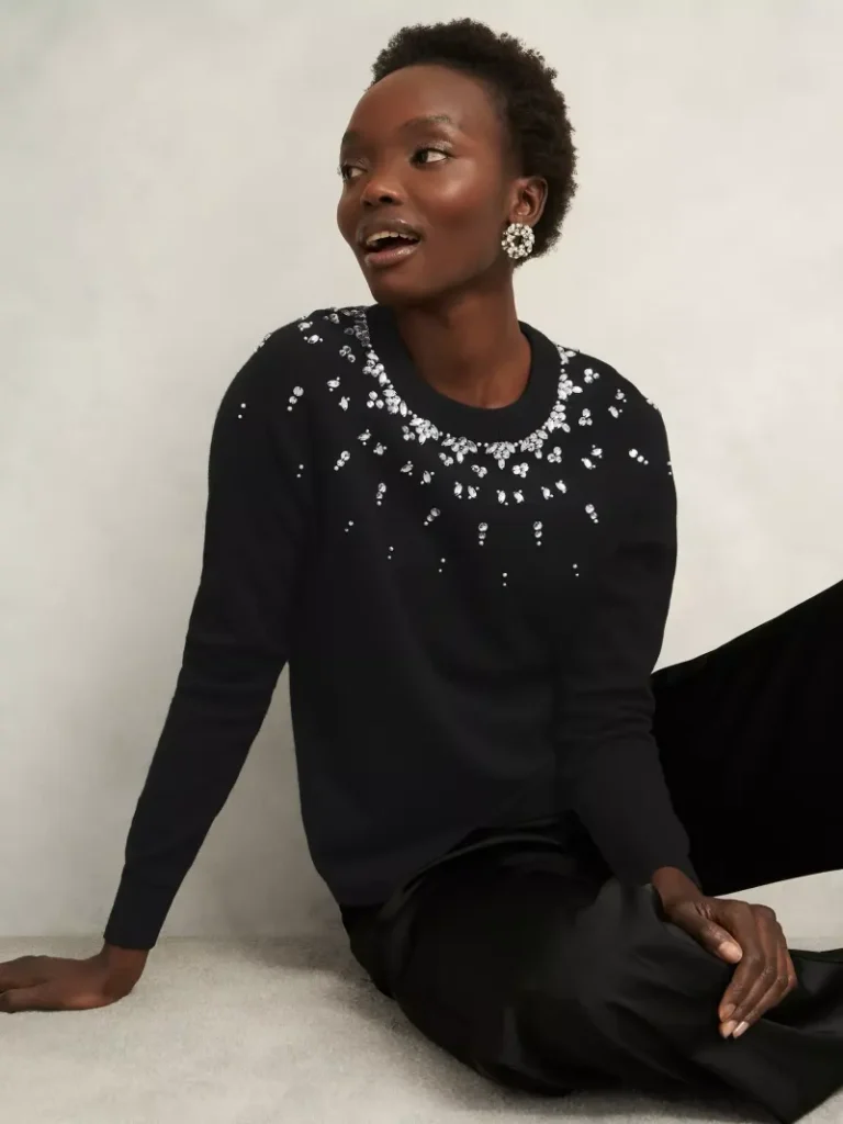 Hobbs Theodora Gem Fair Isle Wool Blend Jumper, Black Christmas jumper from John Lewis