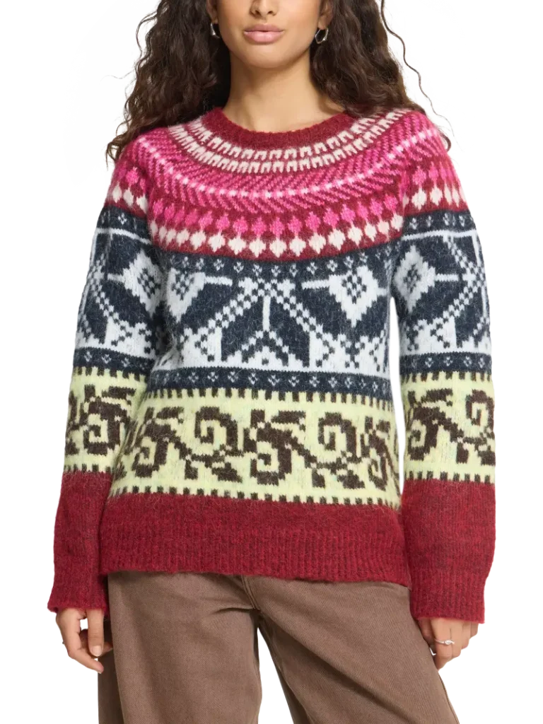 ICHI Ihcylle Nordic Yoke Jumper, Zinfande/Multi Christmas jumper from John Lewis