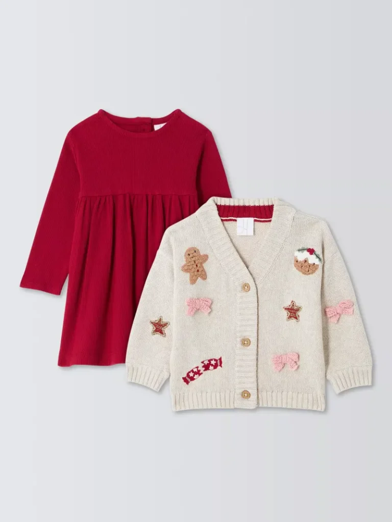 John Lewis Baby Christmas Cardigan & Dress Set, Red/Cream from John Lewis