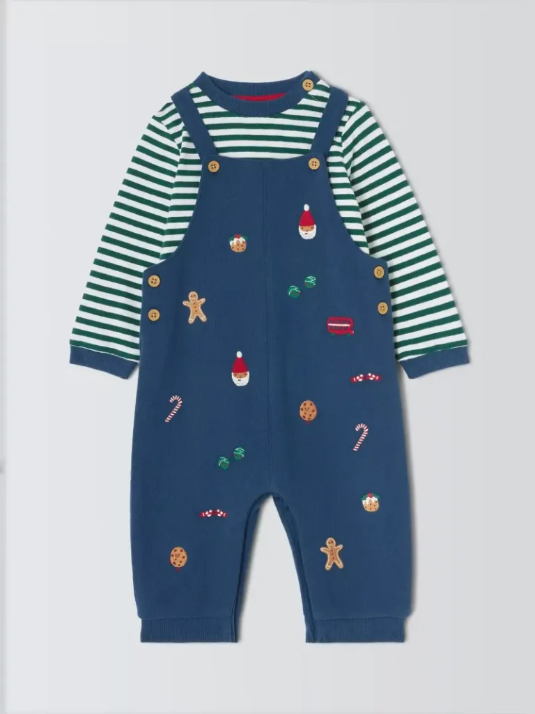John Lewis Baby Christmas Embroidered Dungarees & Top Set, Navy from John Lewis