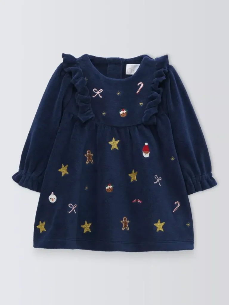 John Lewis Baby Christmas Embroidery Velour Dress, Navy from John Lewis