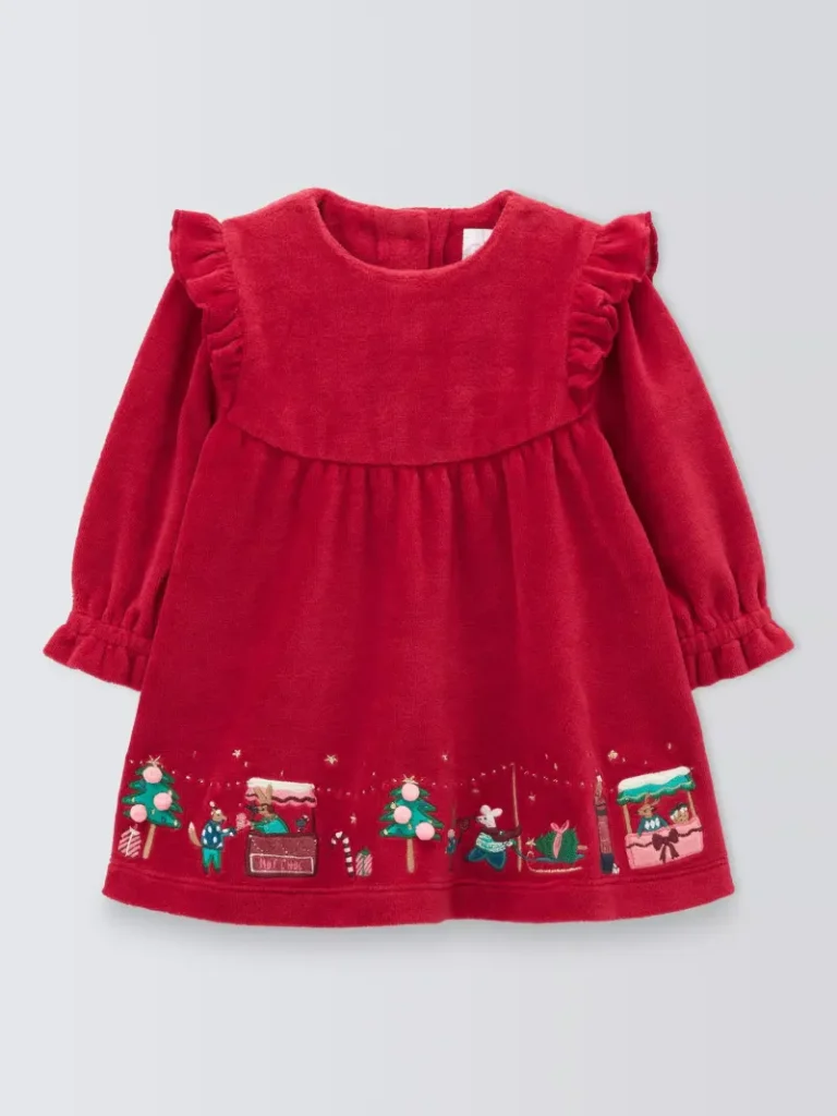 John Lewis Baby Christmas Market Scene Velour Dress, Red from John Lewis