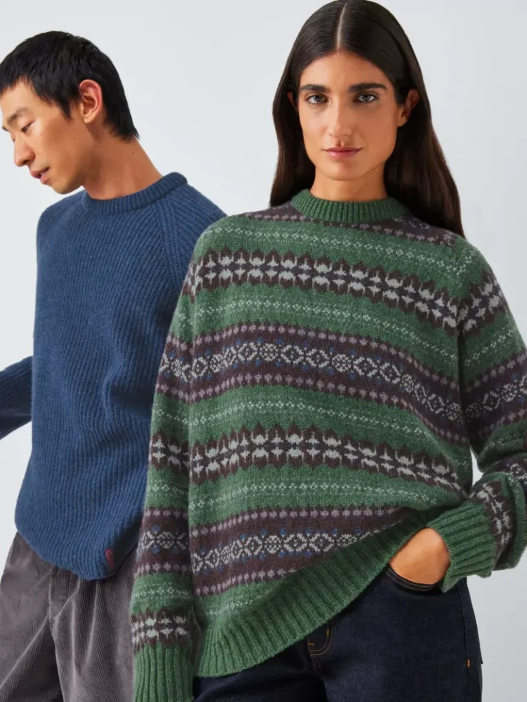 John Lewis Closed Loop Initiative Recycled Wool Crew Neck Fair Isle Jumper, Green/Multi Christmas jumper from John Lewis