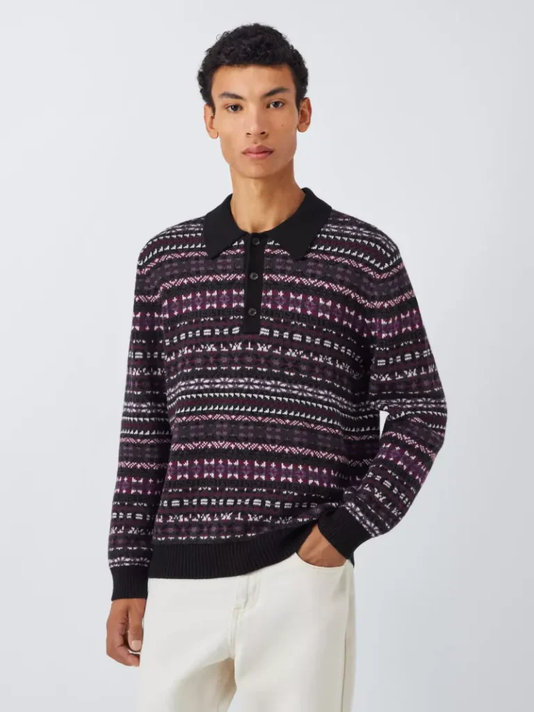 John Lewis Cotton Blend with Cashmere Fair Isle Knit Polo Top, Multi Christmas jumper from John Lewis