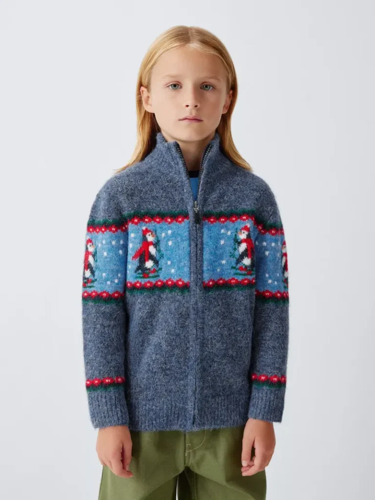 John Lewis Kids' Penguin Zip Through Jumper, Denim/Blue Christmas jumper from John Lewis