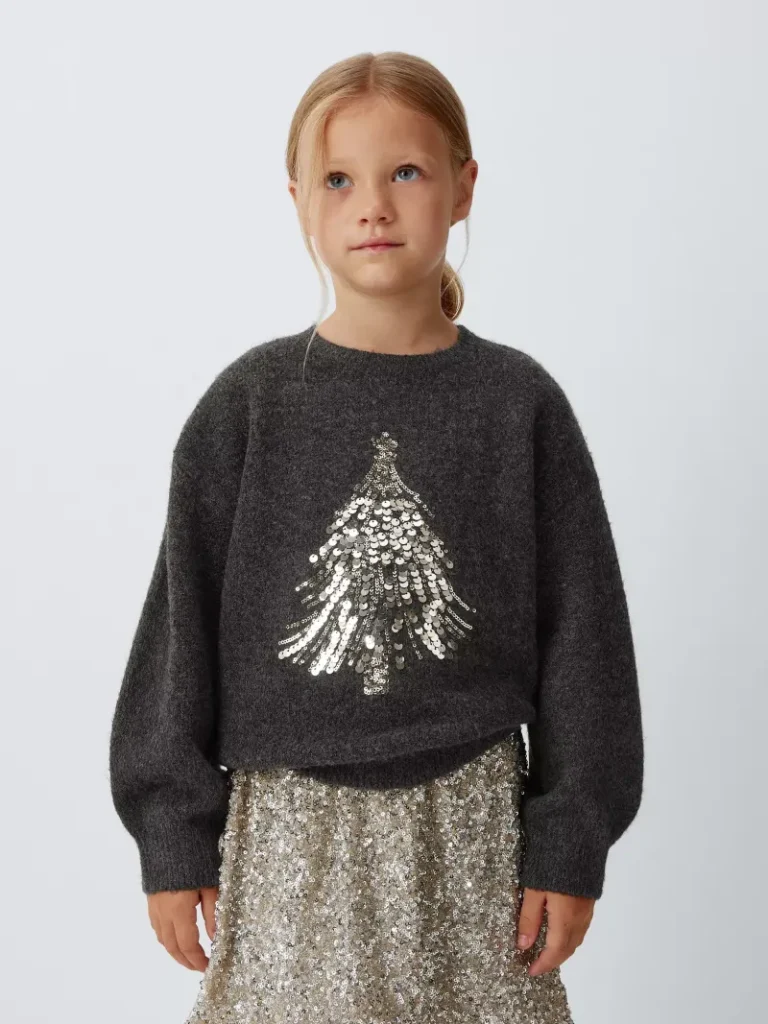 John Lewis Kids' Sequinned Christmas Tree Jumper, Grey from John Lewis