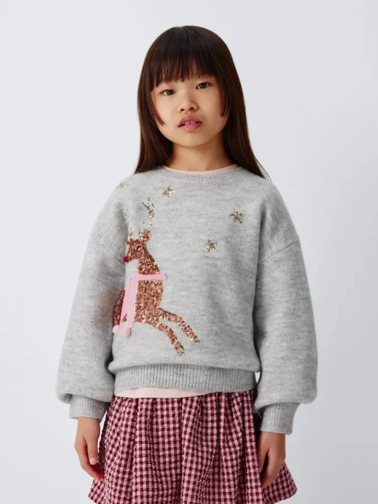 John Lewis Kids' Sparkle Reindeer Jumper, Grey Christmas jumper from John Lewis