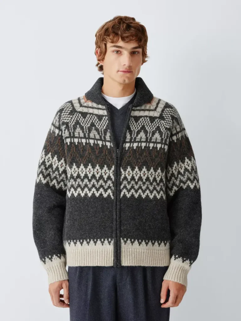 John Lewis Pure Wool Fair Isle Zip Jumper, Greys Christmas jumper from John Lewis