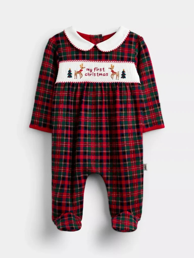 JoJo Maman Bébé Baby Christmas Smocked Tartan Sleepsuit, Red from John Lewis