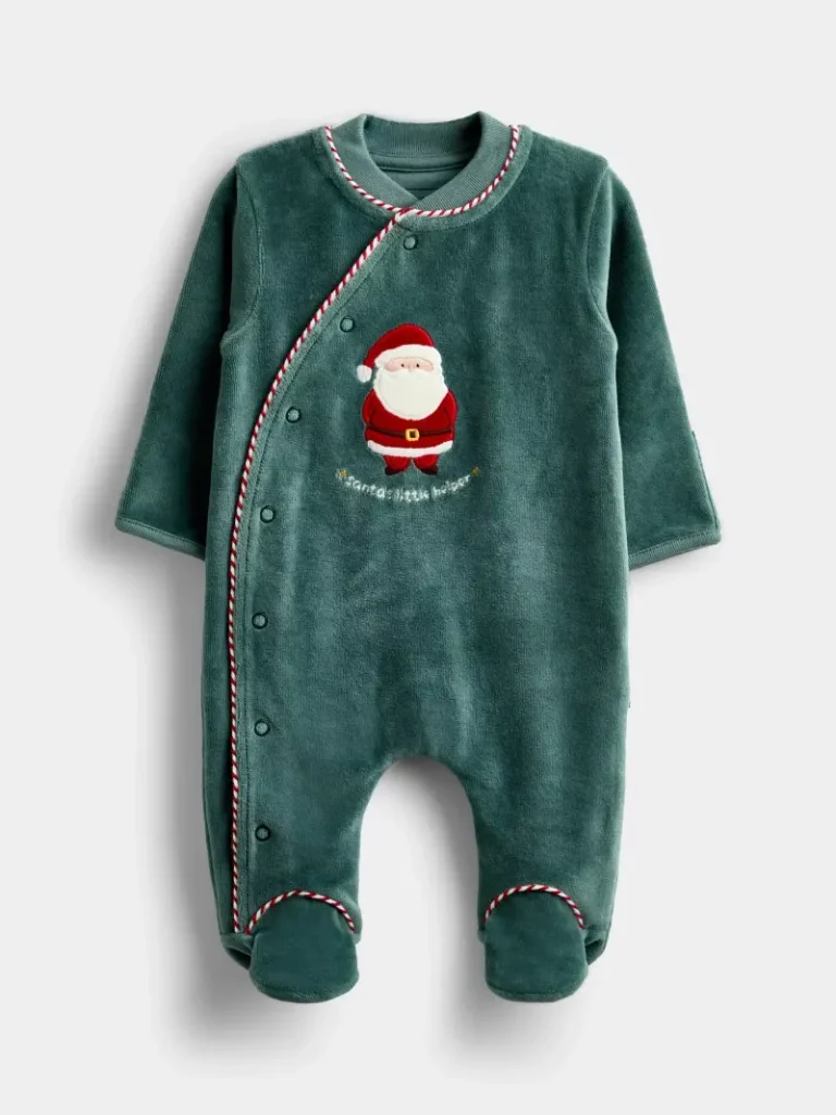 JoJo Maman Bébé Baby Father Christmas Sleepsuit, Green from John Lewis