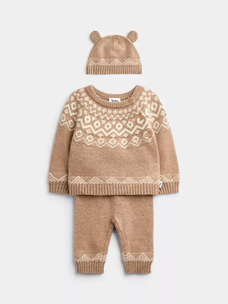 JoJo Maman Bébé Baby Knitted Fair Isle Jumper and Trousers Set, Brown Christmas jumper from John Lewis