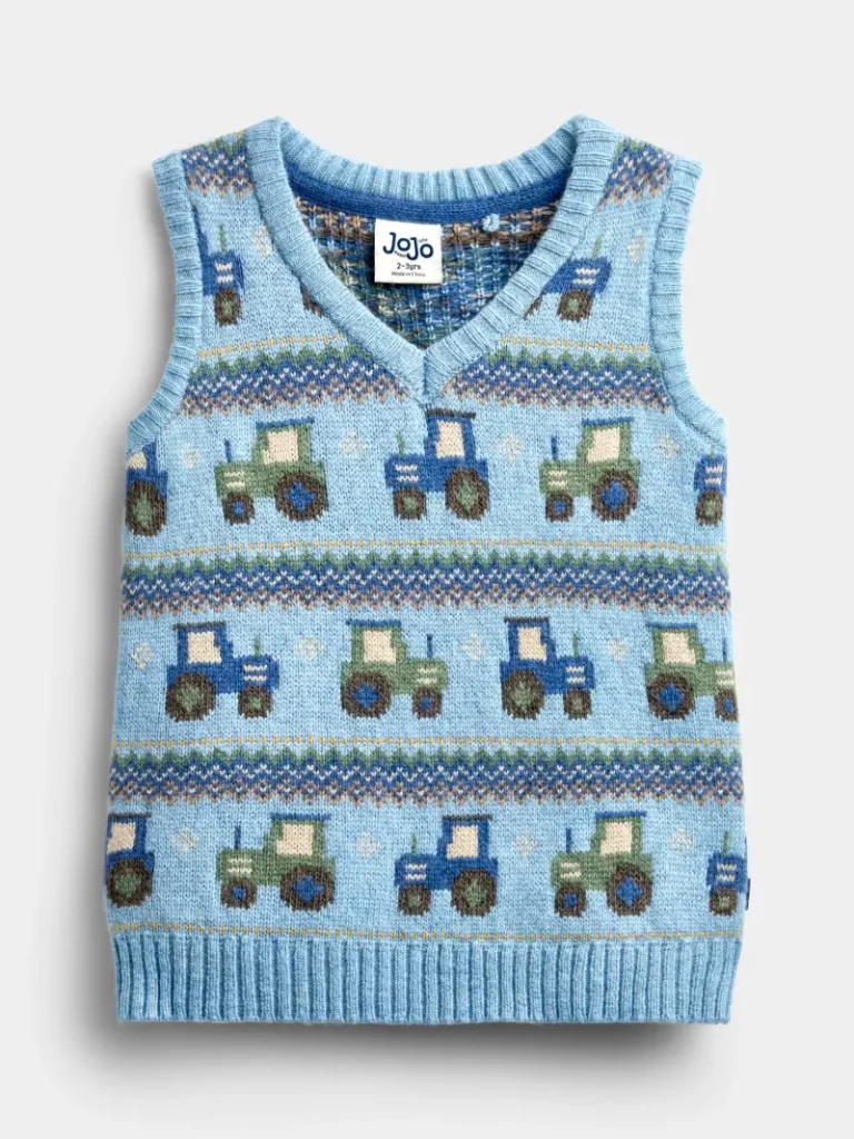 JoJo Maman Bébé Kids' Knitted Sleeveless Fair Isle Tractor Top, Mid Blue Christmas jumper from John Lewis
