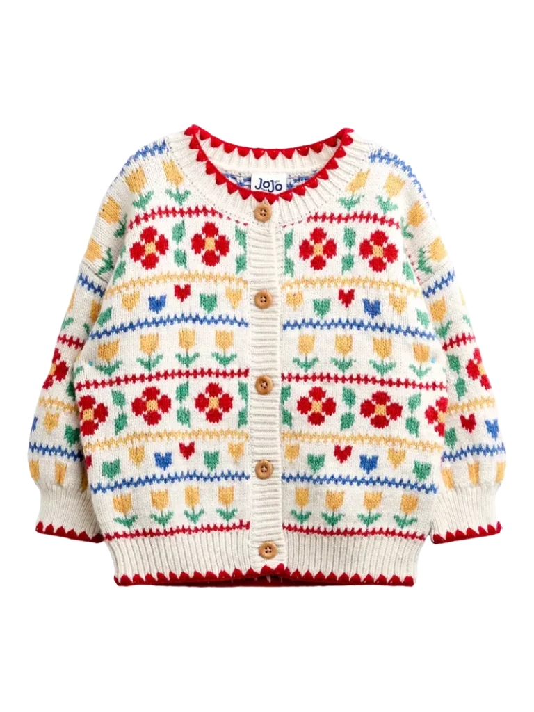 JoJo Maman Bébé Kids' Oversized Floral & Heart Fairisle Cardigan, Cream Christmas jumper from John Lewis