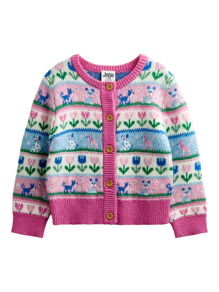 JoJo Maman Bébé Kids' Pets Fairisle Cardigan, Pink Marl Christmas jumper from John Lewis