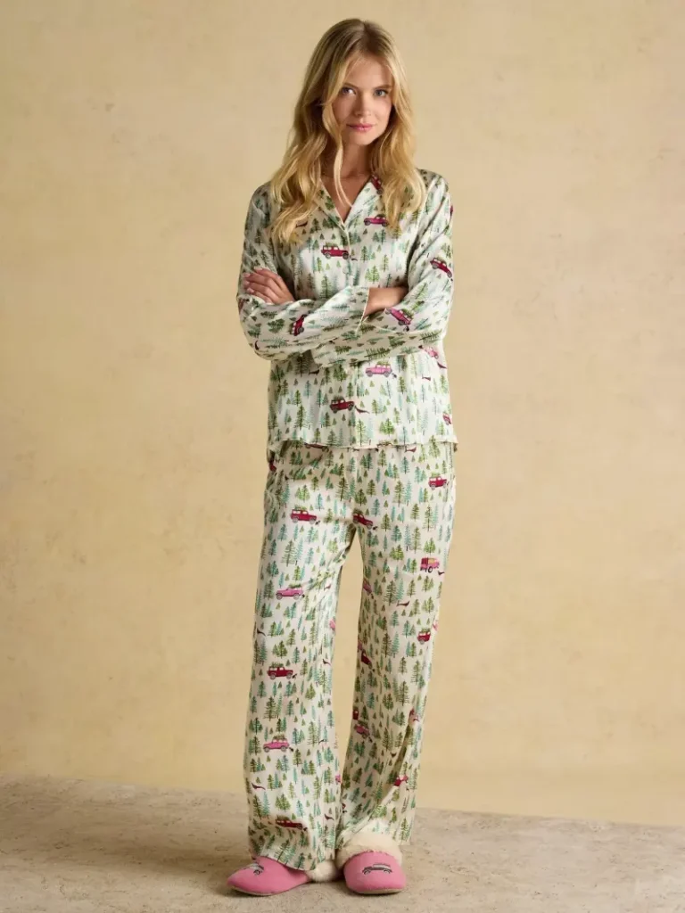 Joules Bonnie Satin Button Through Long Christmas Pyjama Set, Cream from John Lewis