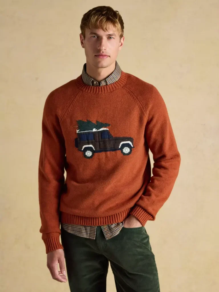 Joules Intarsia 4X4 Christmas Tree Cotton Wool Blend Jumper, Orange from John Lewis