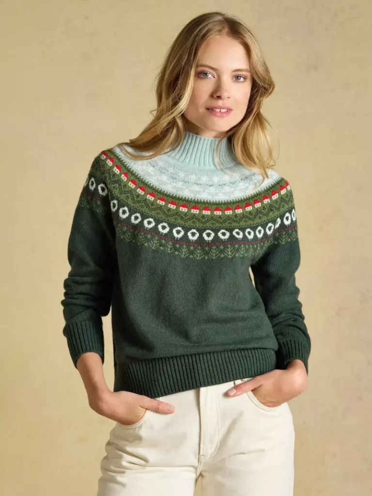 Joules Landscape Fair Isle High Neck Jumper, Green Christmas jumper from John Lewis