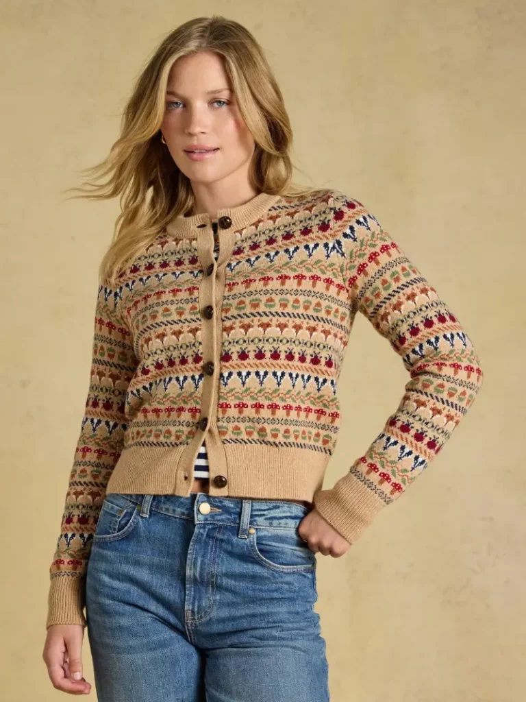 Joules Woodland Fair Isle Cardigan, Oatmeal Christmas jumper from John Lewis