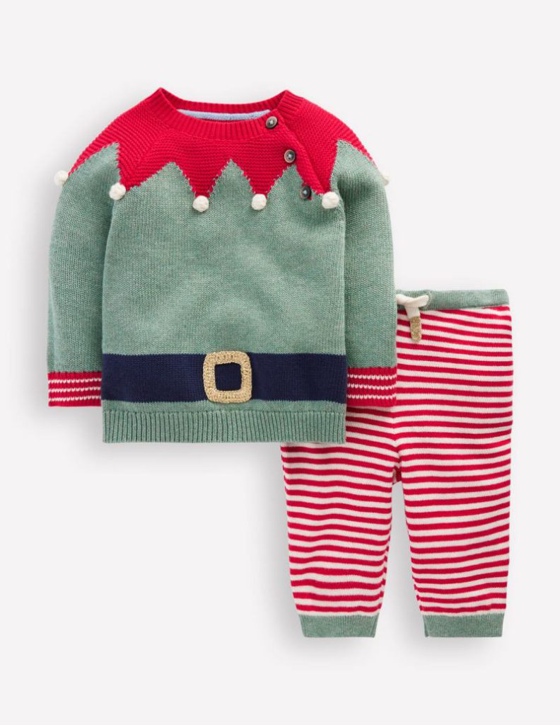 Knitted Play Set in Csarite Green Elf Christmas jumper from Boden