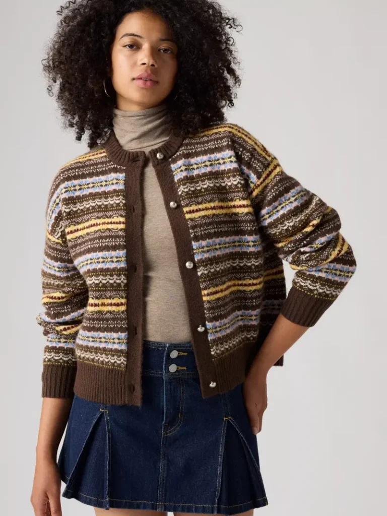 Levi's Charlotte Crew Neck Cardigan, Lea Fair Isle Java Christmas jumper from John Lewis