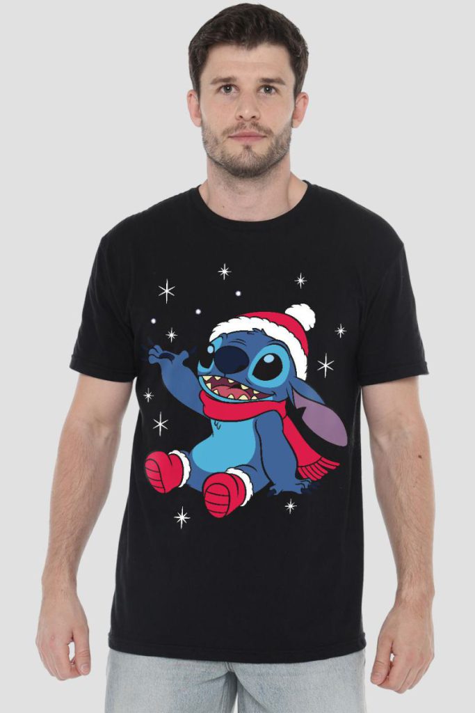 Lilo & Stitch Christmas Snowflakes Mens T-Shirt Black from Debenhams