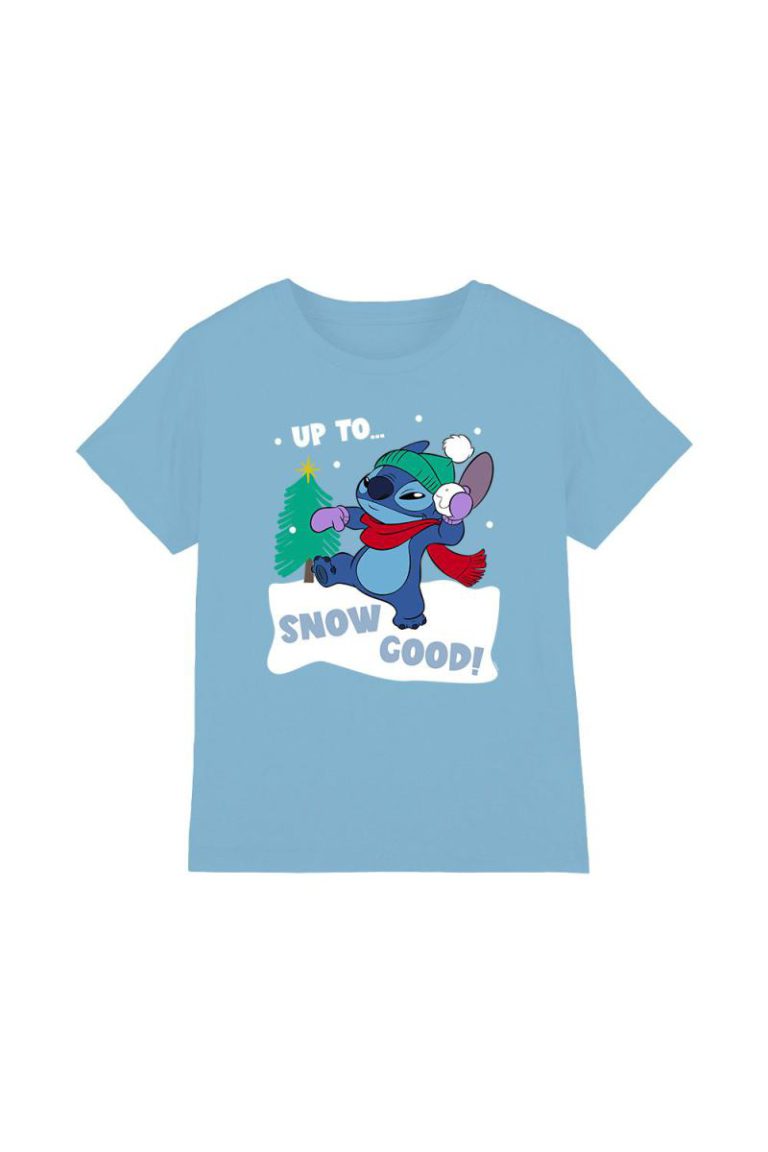 Lilo & Stitch Up To Snow Good At Christmas Kids T-Shirt Light Blue from Debenhams