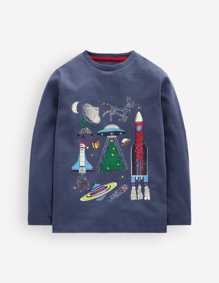 Long Sleeve Glow T-shirt in Vintage Indigo Christmas Space from Boden