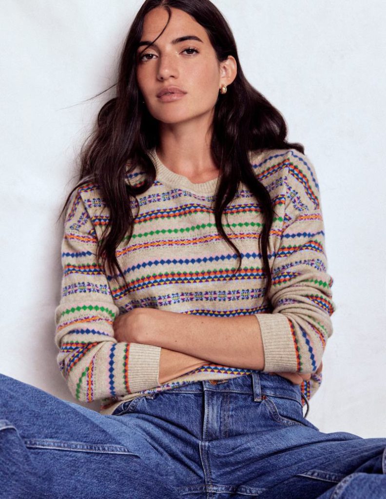 Lydia Cashmere Jumper in Oatmeal Melange Fair Isle Christmas jumper from Boden