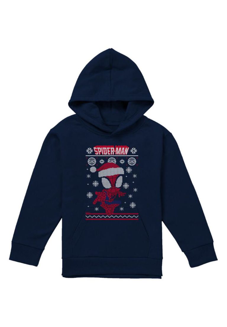 Marvel Spiderman Snowflake Christmas Jumper Youth Kids Pull in Over Hoodie, Navy from Debenhams