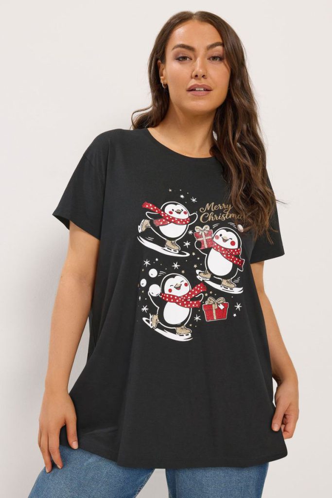 'Merry Christmas' Penguin Glitter Novelty T-Shirt from Boohoo