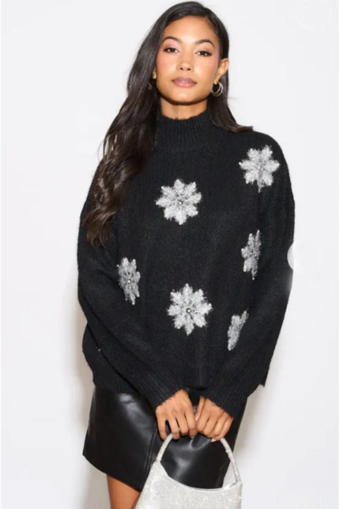 Metallic And Peals Embellished Snowflake Pattern Soft Knit Jumper In Black Christmas jumper from Debenhams