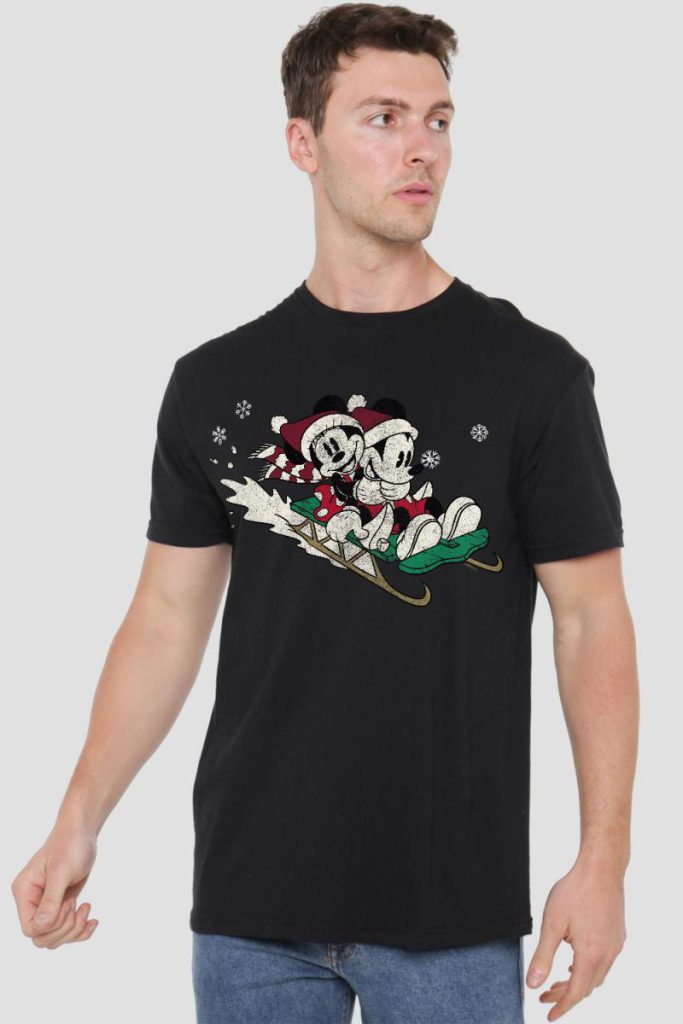 Mickey Mouse And Minnie Sledding For Christmas Mens T-Shirt Black from Debenhams