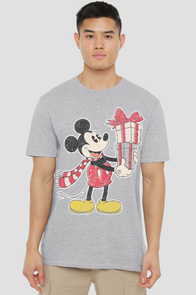 Mickey Mouse Christmas Present Mens T-Shirt Grey from Debenhams