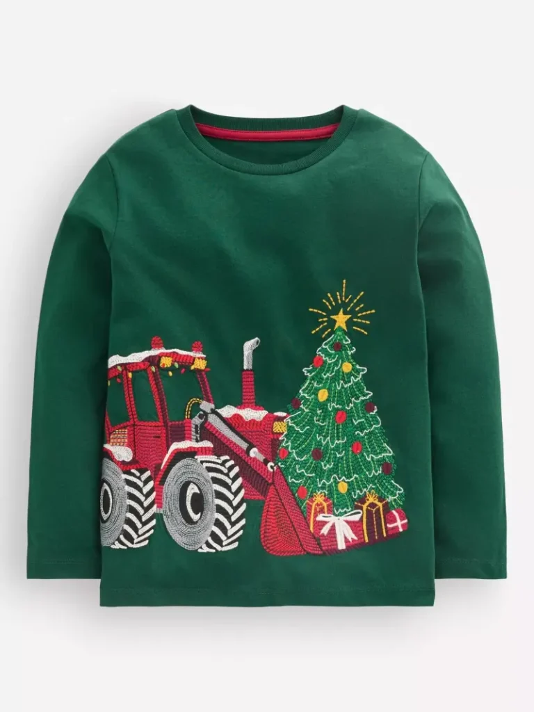 Mini Boden Kids' Christmas Tractor Long Sleeve T-Shirt, Emerald/Multi from John Lewis